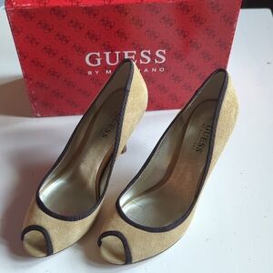 GUESS Women's Suede Tan Peep Toe Heels 7